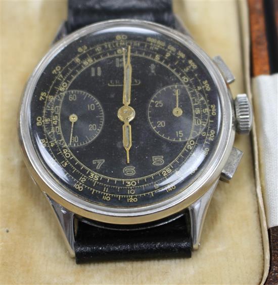 A gentlemans 1930s WWII German Military stainless steel Urania manual wind chronograph black dial wrist watch